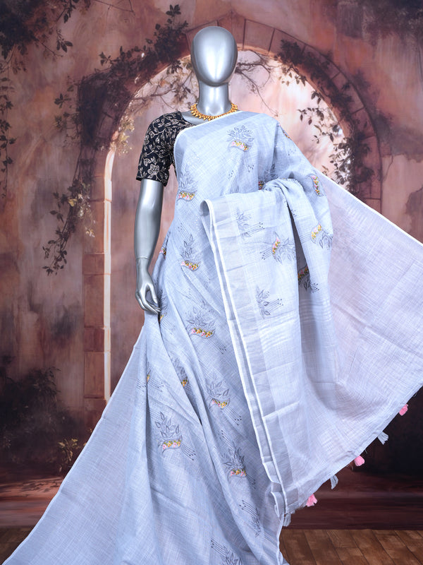 Ice Blue with Soft Silver - Linen Cotton Saree