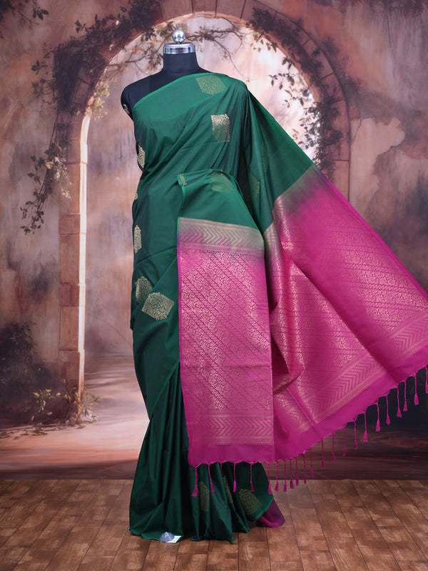 Dark Green With Pink Semi Silk Saree