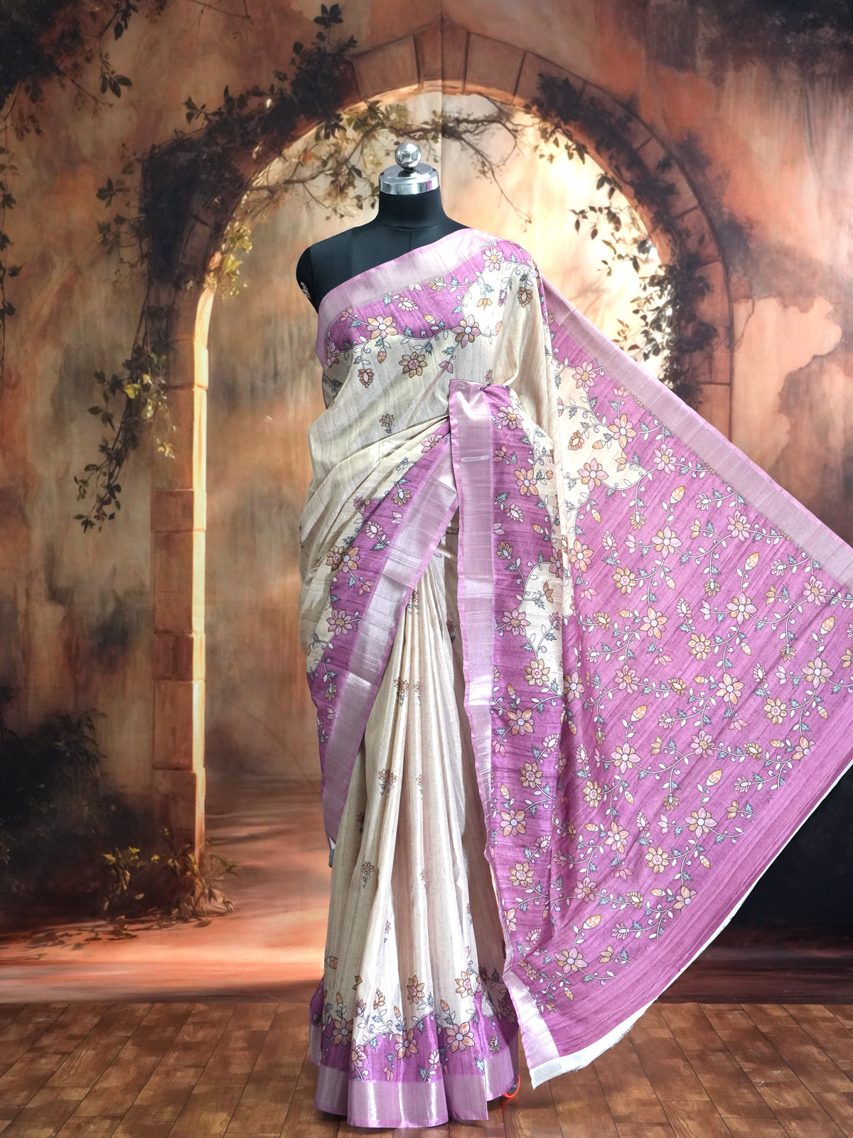 Off-White with Pink - Semi Tussar Saree