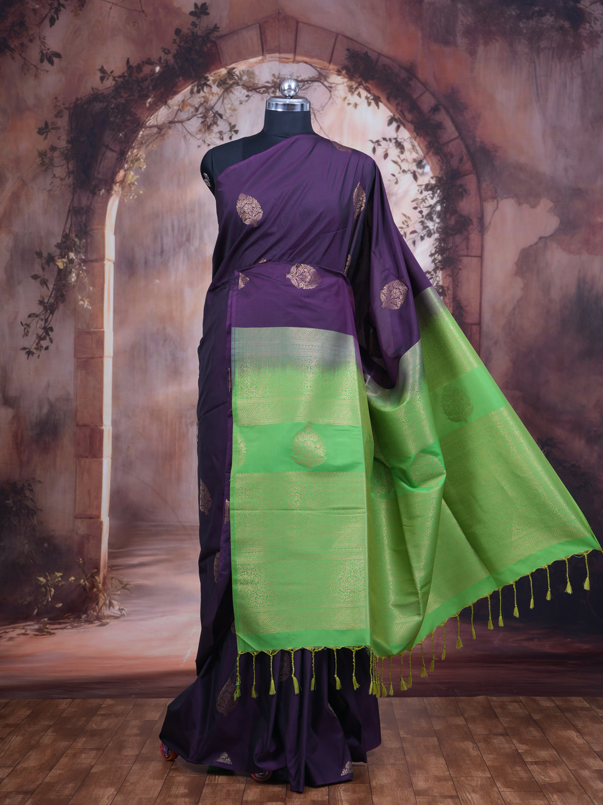 Dark Purple with Green Semi Silk Saree