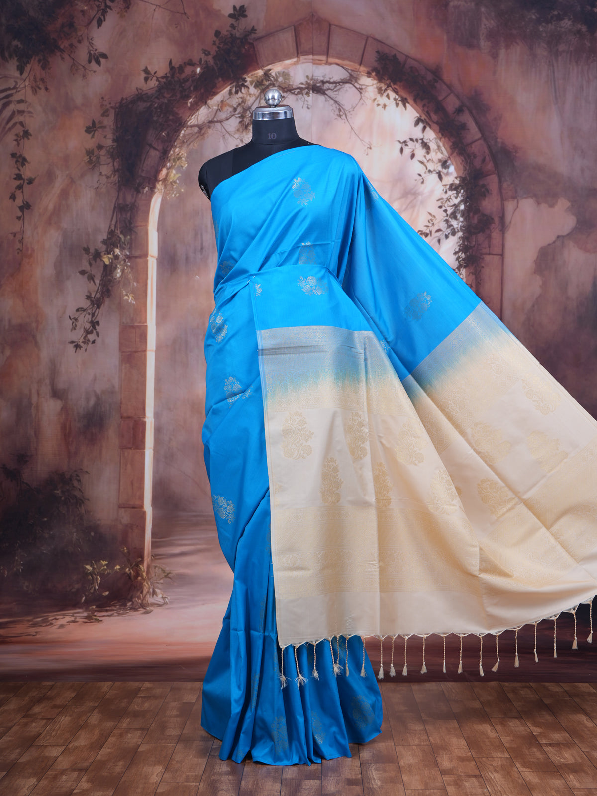 Sky Blue with Light Sandal Semi Silk Saree
