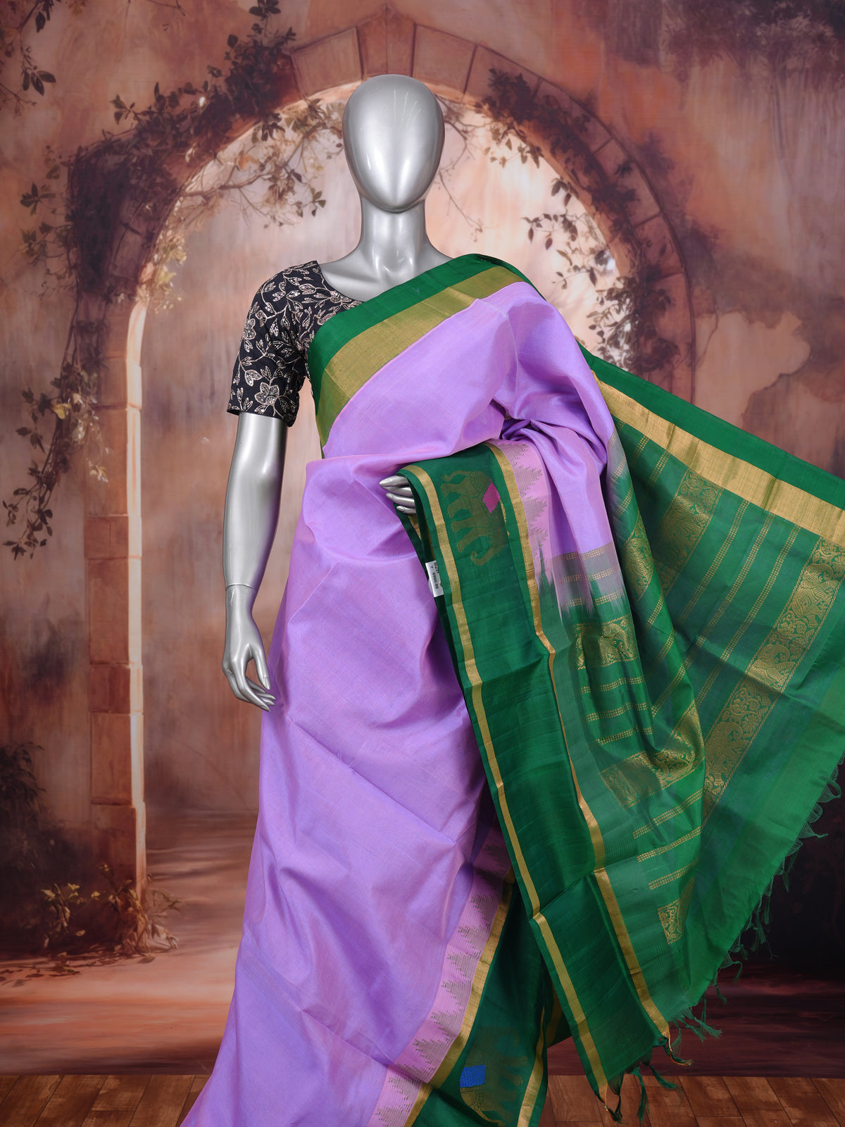 Pure Silk Cotton Saree in Lavender and Emerald Green