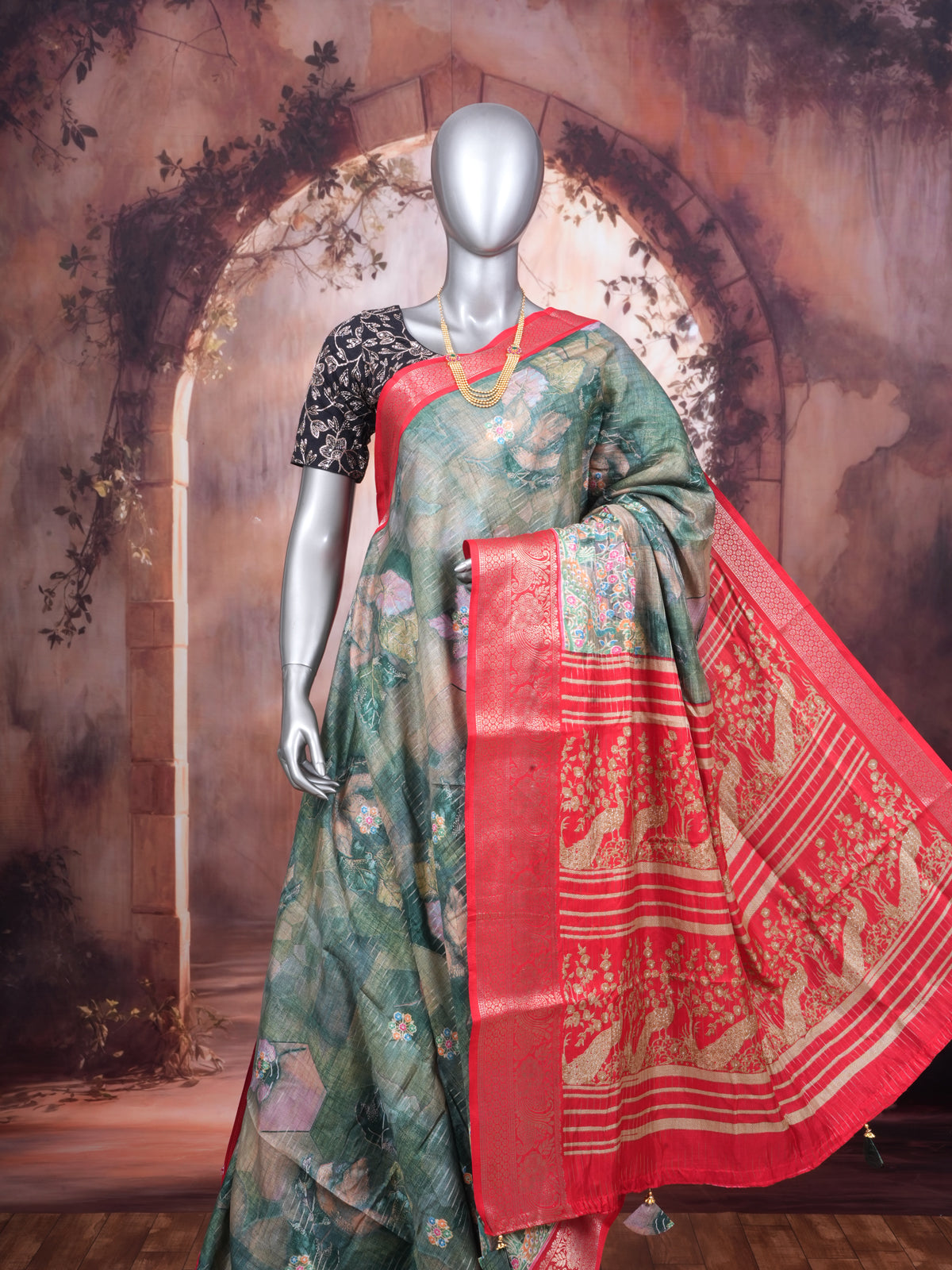 Olive Green with Red Pallu - Semi Raw Silk Saree