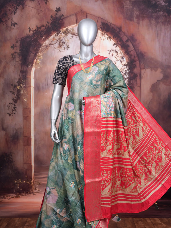 Olive Green with Red Pallu - Semi Raw Silk Saree