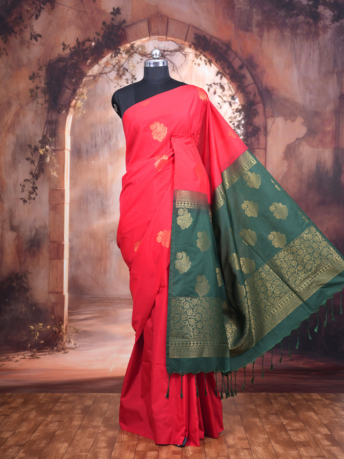 Rose - Pink with Bottle Green Semi Silk Saree