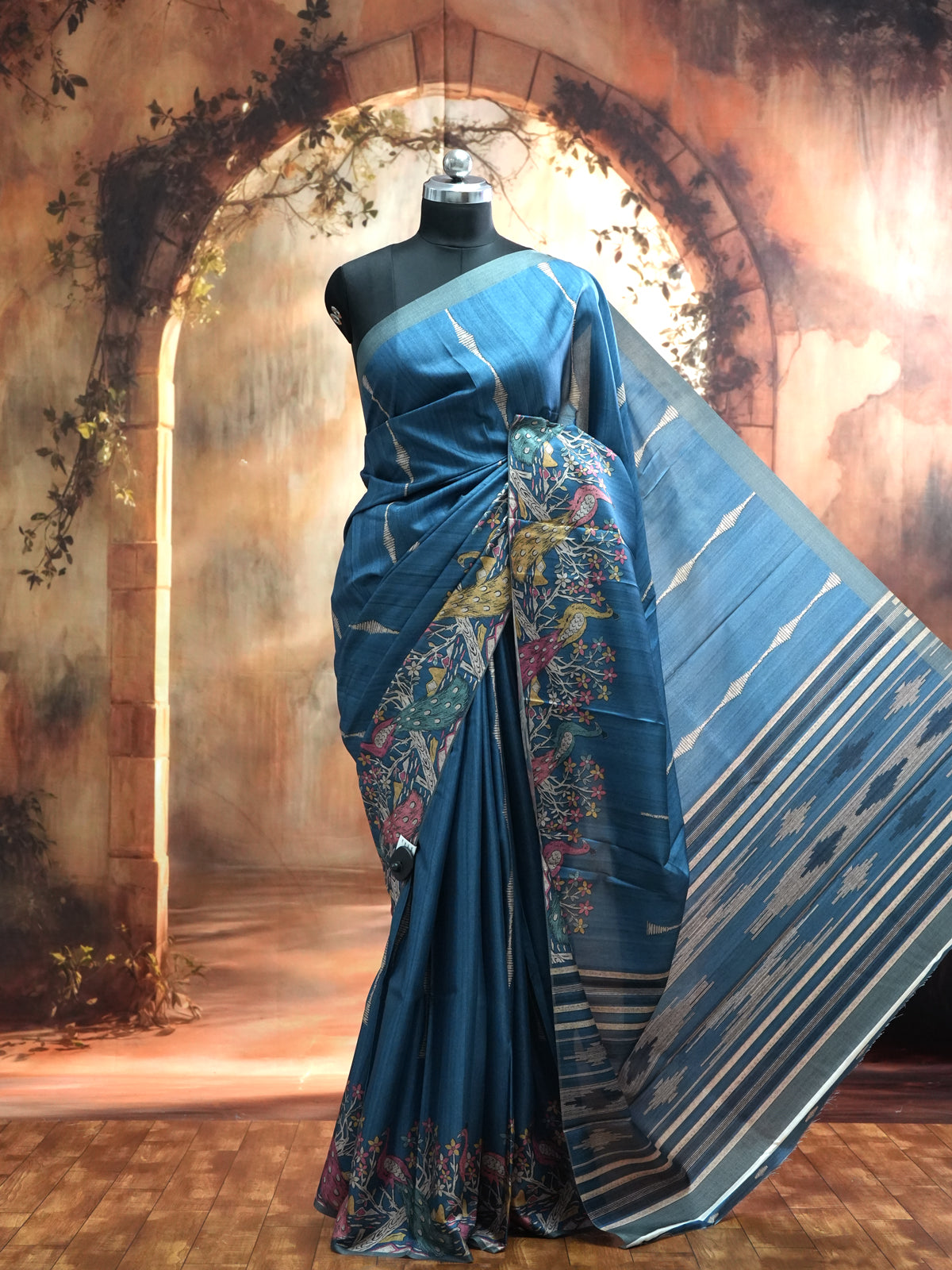 Steel Blue With  Multi-Color Accents - Semi Tussar Saree