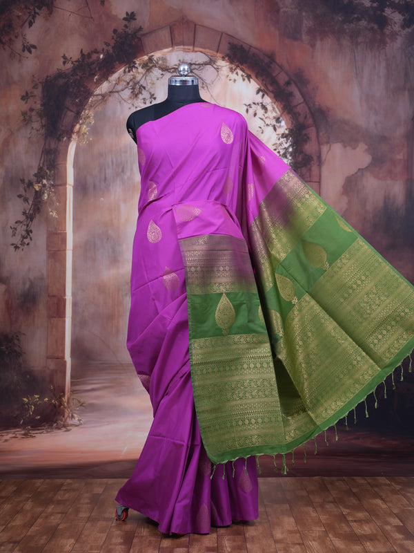 Orchid Pink With Green  Semi Silk Saree