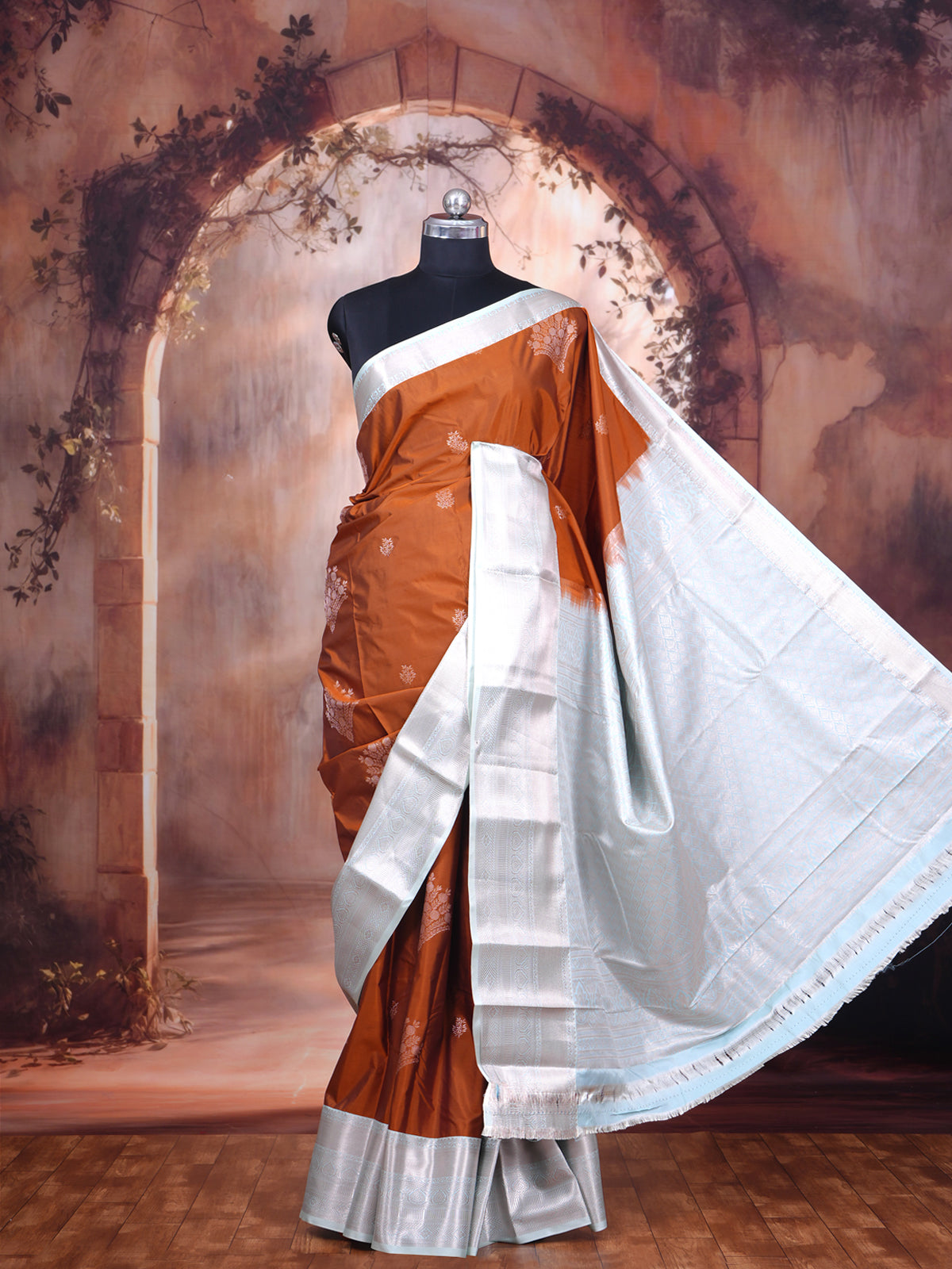 Rust Brown and Silver Kanchipuram Fancy Silk Saree