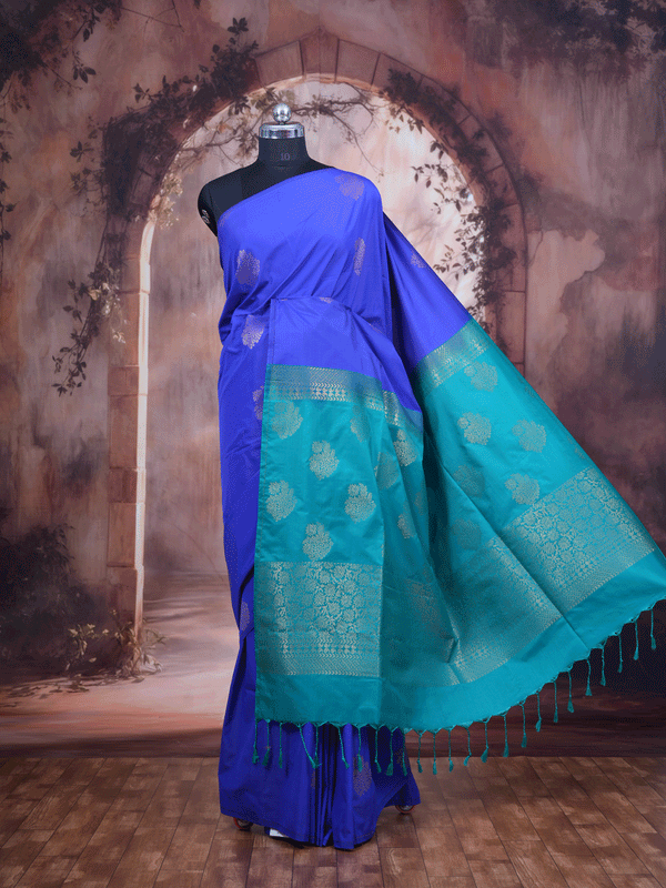 Royal Blue With Rama Green Semi Silk Saree