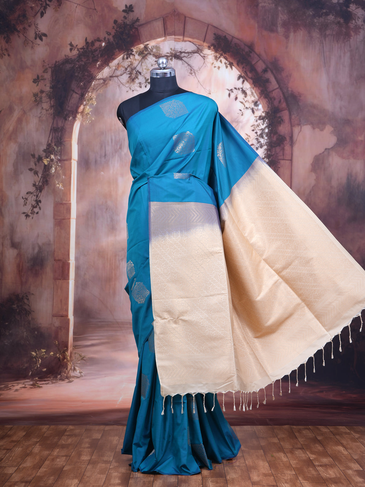 Teal Blue With Sandal Semi Silk Saree
