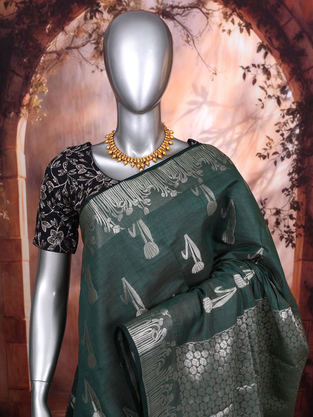 Bottle Green with Silver - Semi Tussar Saree