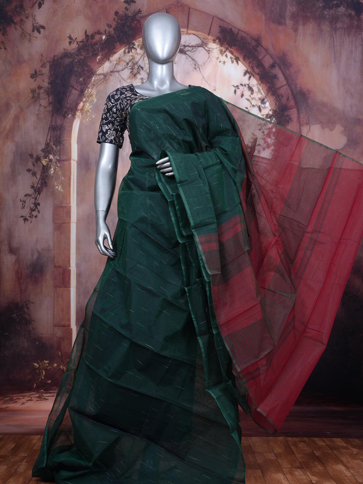 Dark Green and Brick Red Silk Cotton Saree
