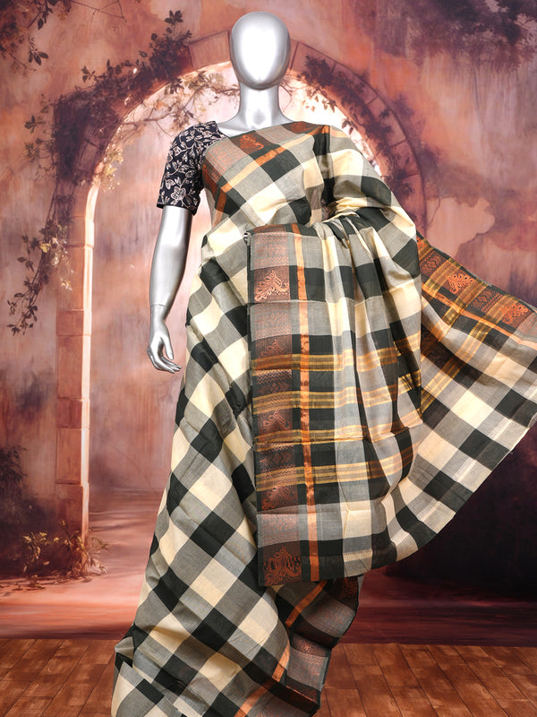Cream and Black with Copper Munthi Chettinad Cotton Saree