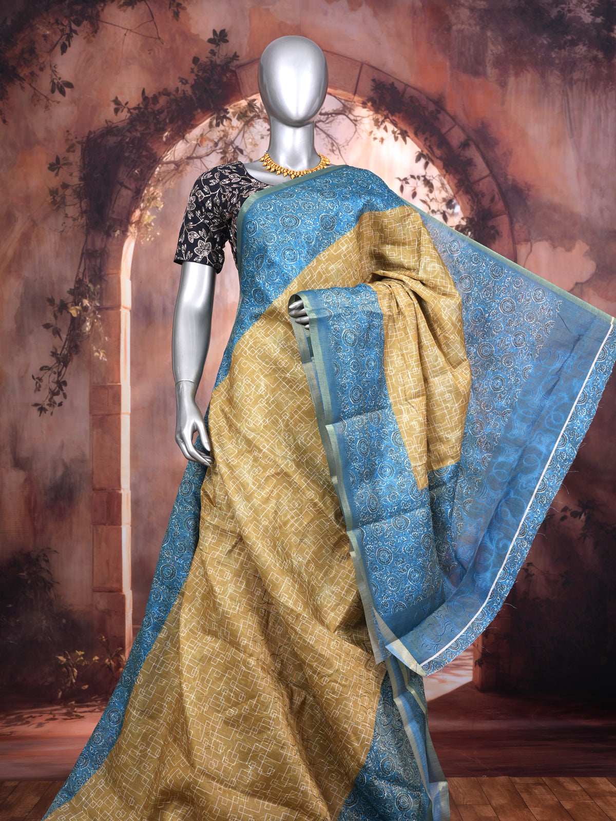Mustard Yellow with Cerulean Blue - Linen Cotton Saree