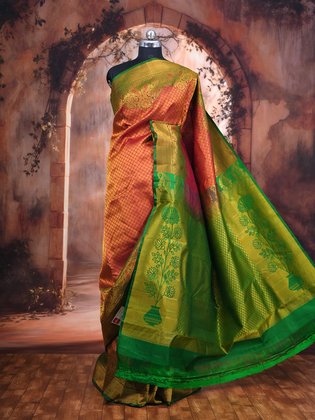 Crimson Pink and Parrot Green Kanchipuram Silk Saree