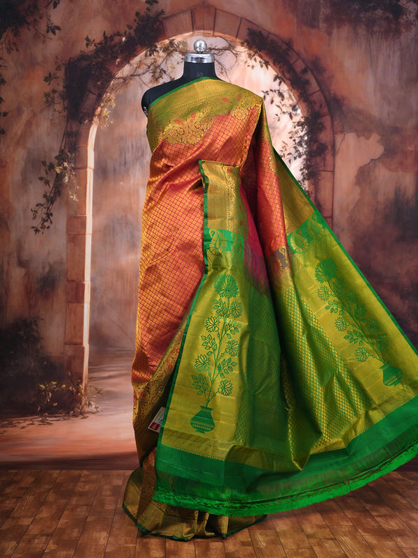 Crimson Pink and Parrot Green Kanchipuram Silk Saree