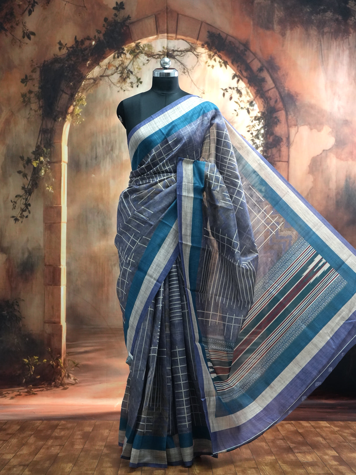 Steel Grey with Teal Blue -Semi Tussar Saree