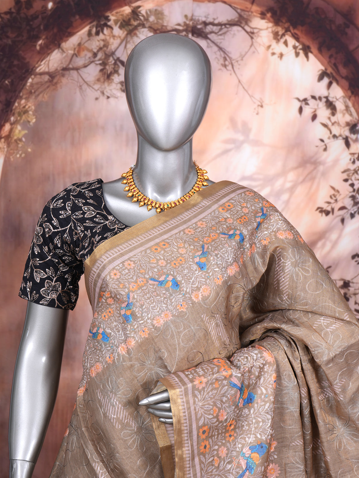 Beige with Multicolored Accents - Linen Cotton Saree