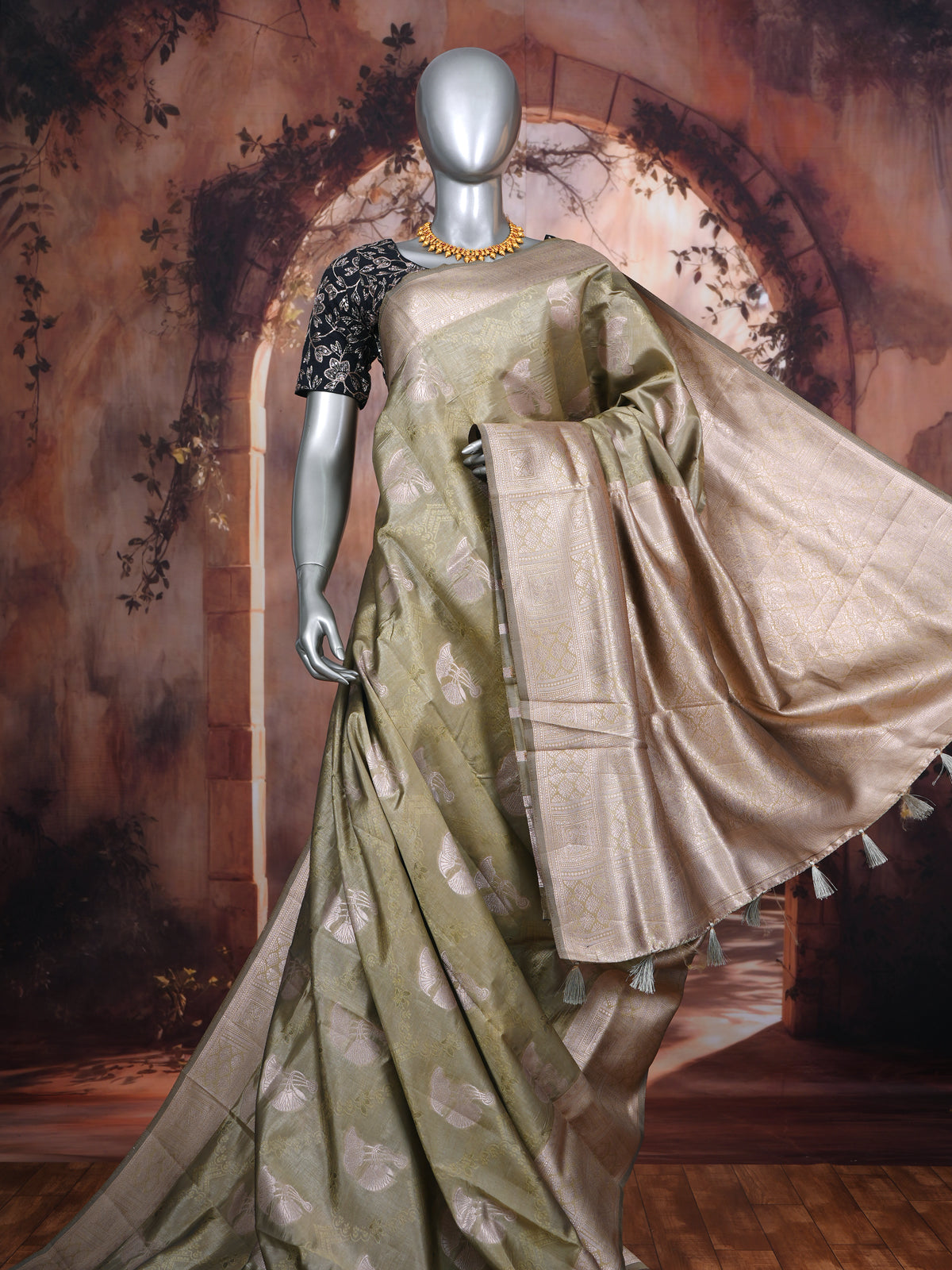 Olive Green with Rose Gold - Semi Tussar Saree