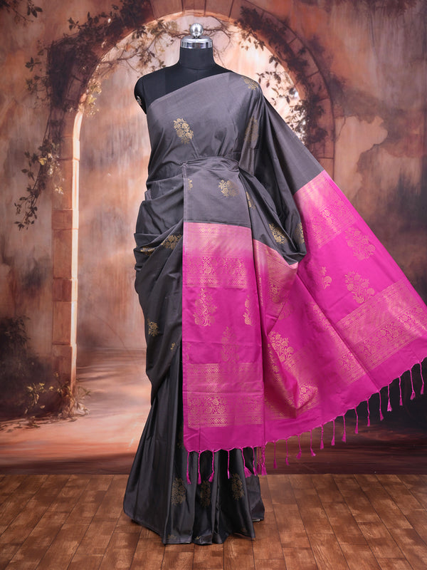 Grey with Rani Pink Semi Silk Saree