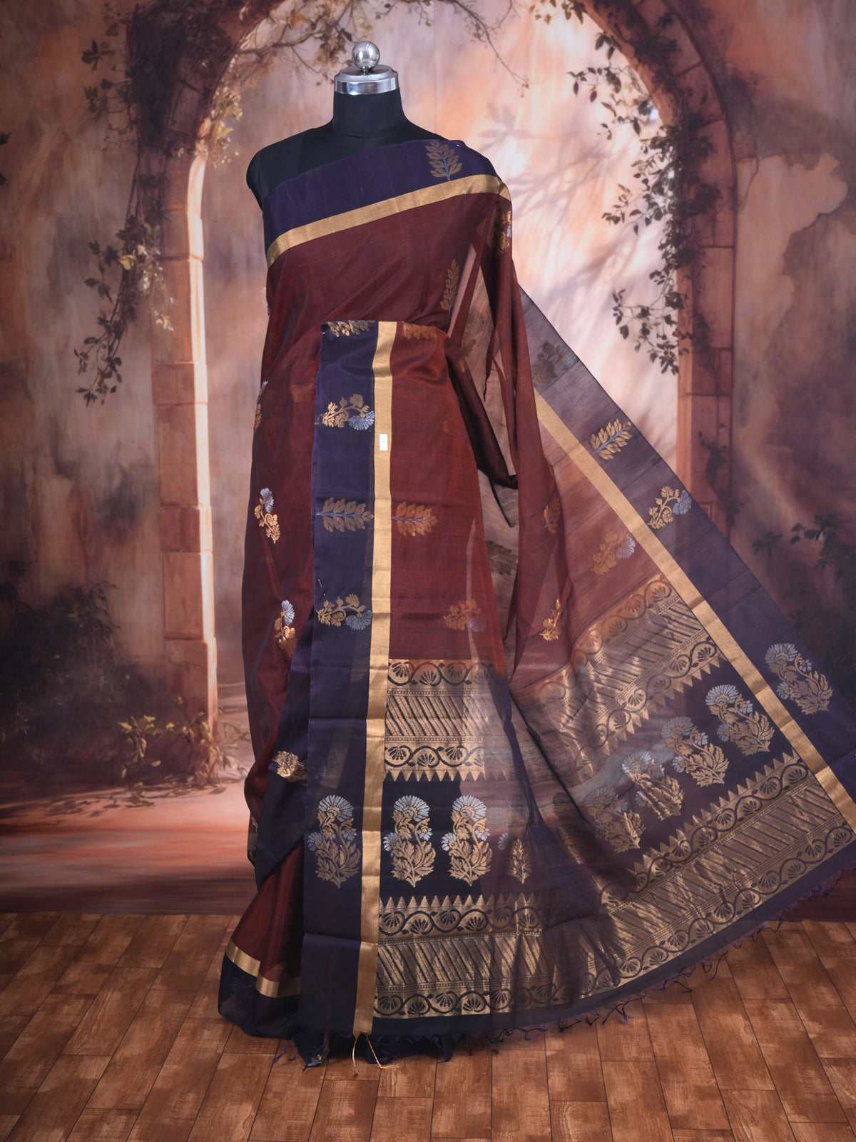 Maroon with Navy Blue - Pure Silk Cotton Saree