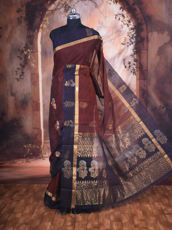 Maroon with Navy Blue - Pure Silk Cotton Saree
