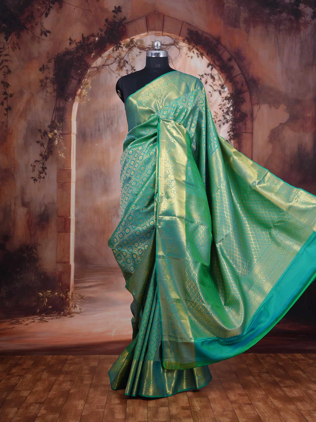 Sea Green Kanchipuram Silk Saree with Golden Zari Weave