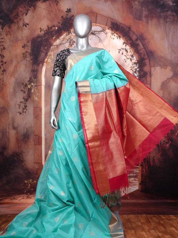 Aqua Blue and Crimson Red Silk Cotton Saree