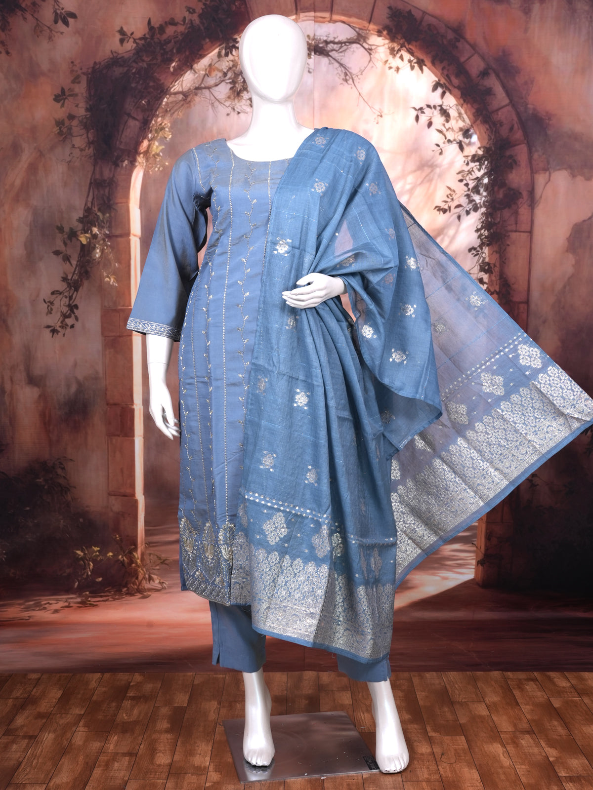 Steel Blue with zari Dupatta Ready Made Kurti Set