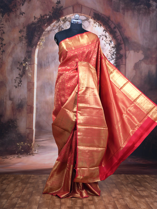 Regal Crimson Red and Antique Gold Kanjivaram Silk Saree