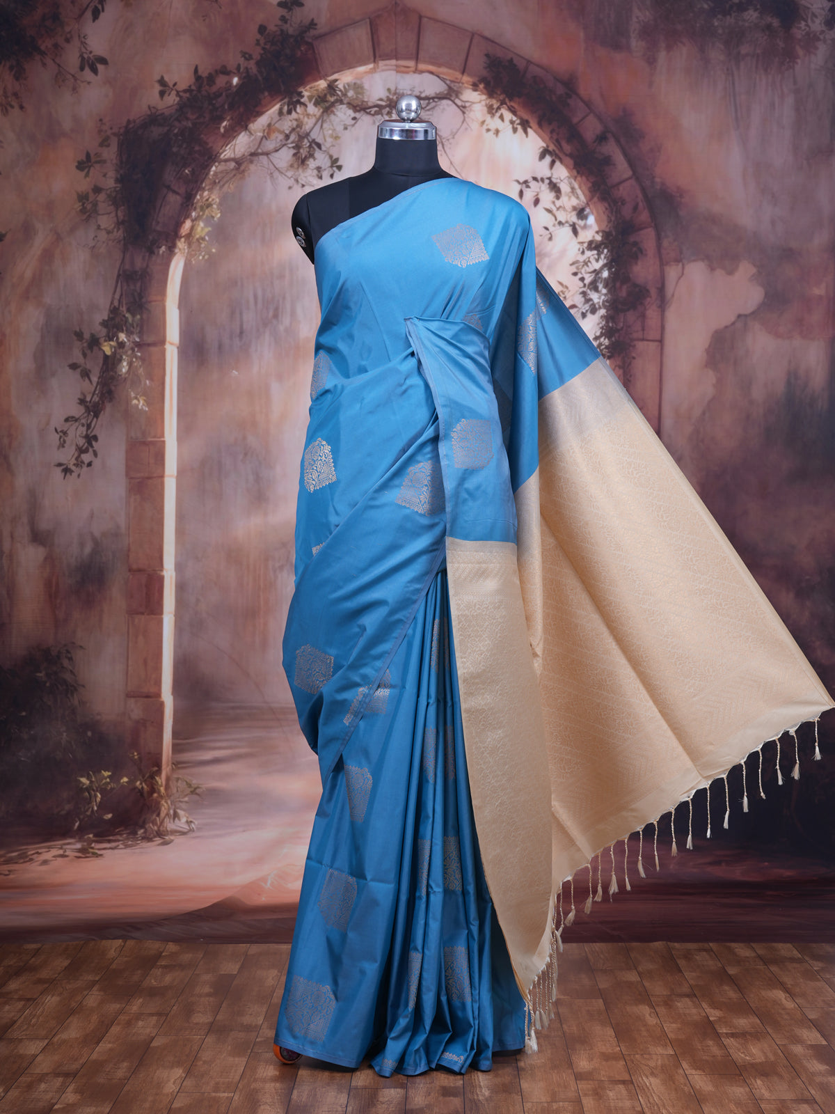 Blue Semi With Sandal Silk Saree