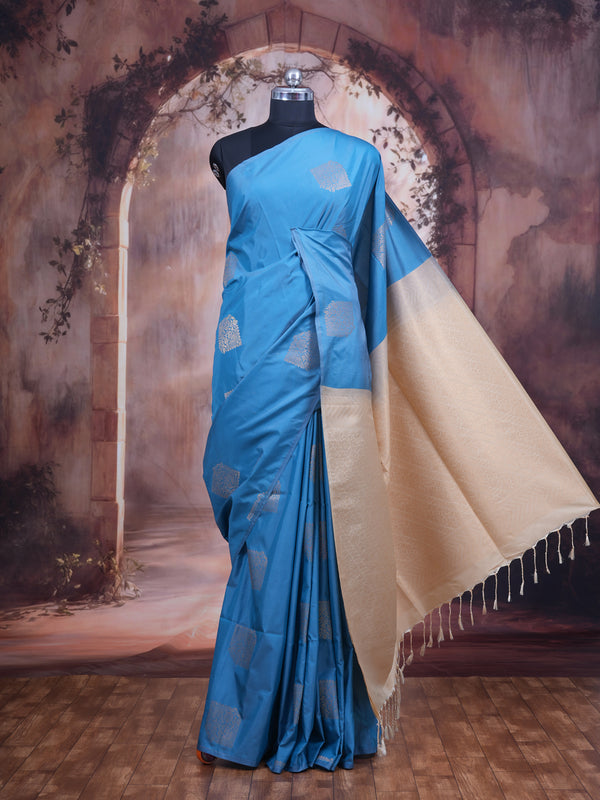 Blue Semi With Sandal Silk Saree