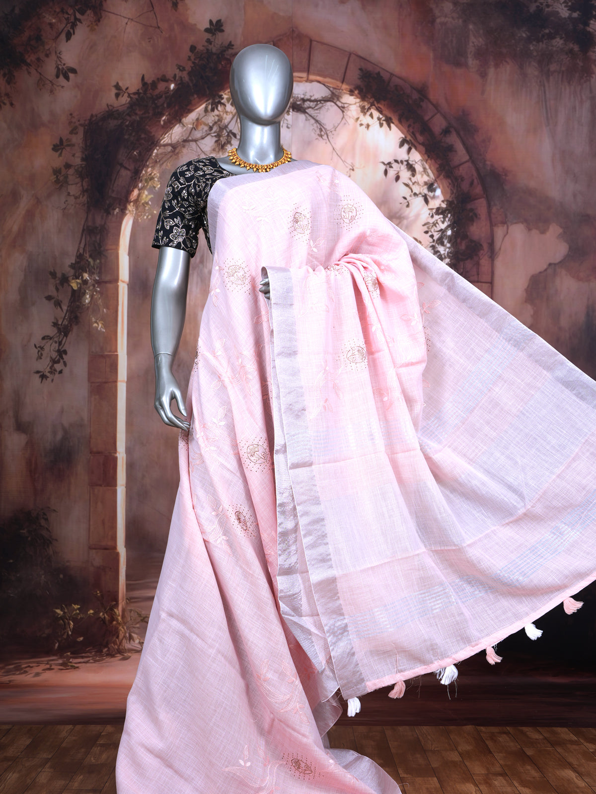Light Pink with Silver - Linen Cotton Saree