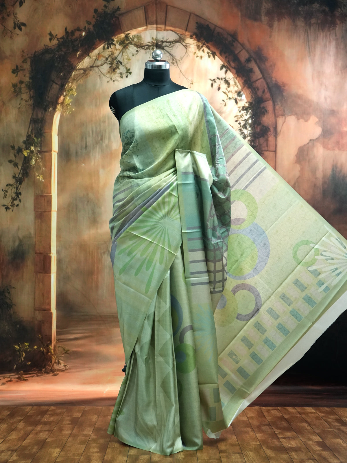 Pastel Green with Multi-Color Pallu - Semi Tussar Saree