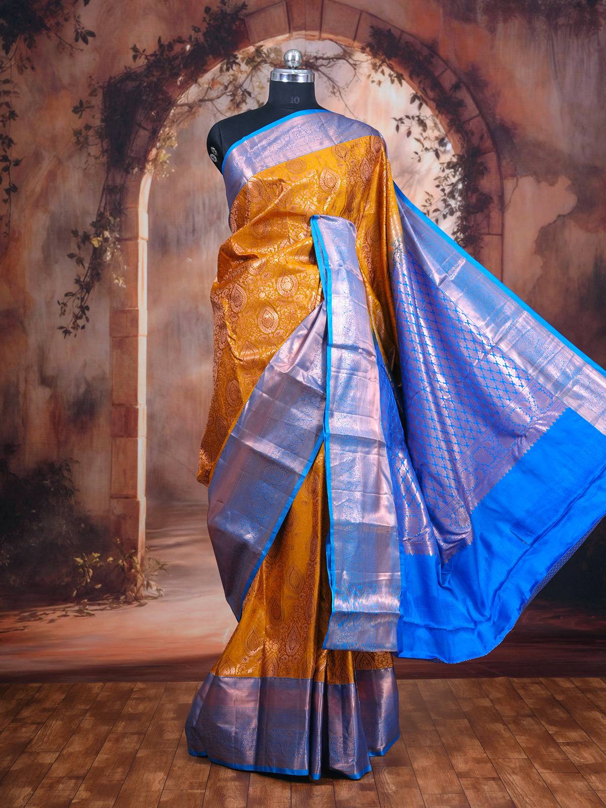 Splendid Honey Mustard and Cerulean Blue Kanjivaram Silk Saree