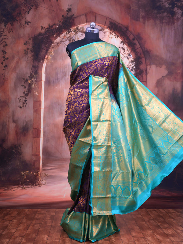 Exquisite Royal Purple and Mint Green Kanjivaram Silk Saree