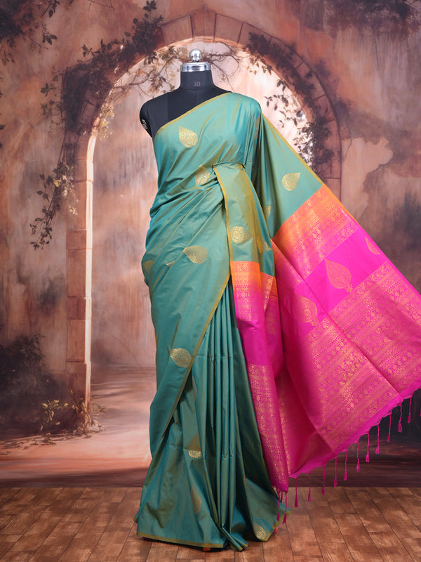 Sea Green with Rani Pink Semi Silk Saree