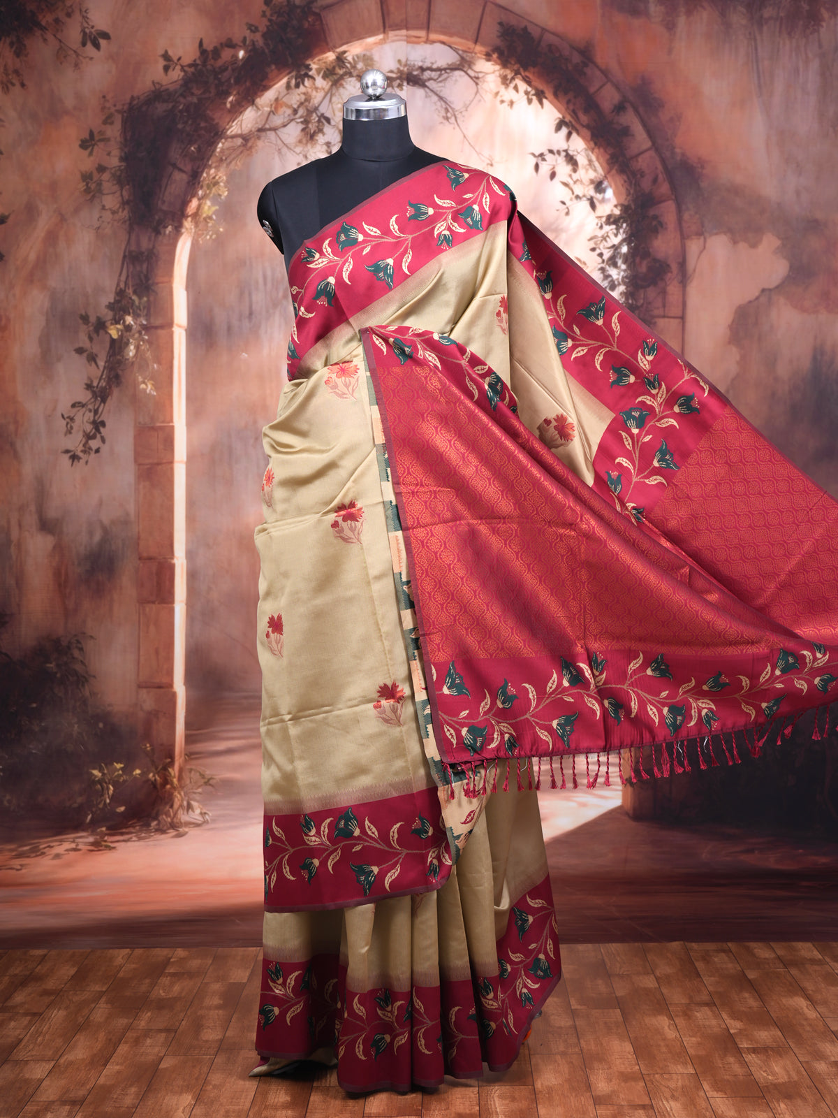 Cream Gold Semi Silk Saree
