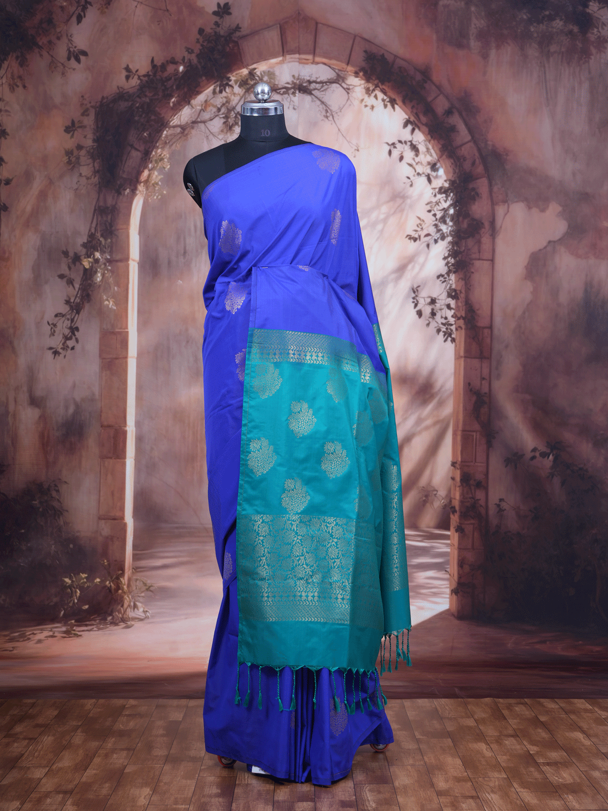 Royal Blue With Rama Green Semi Silk Saree