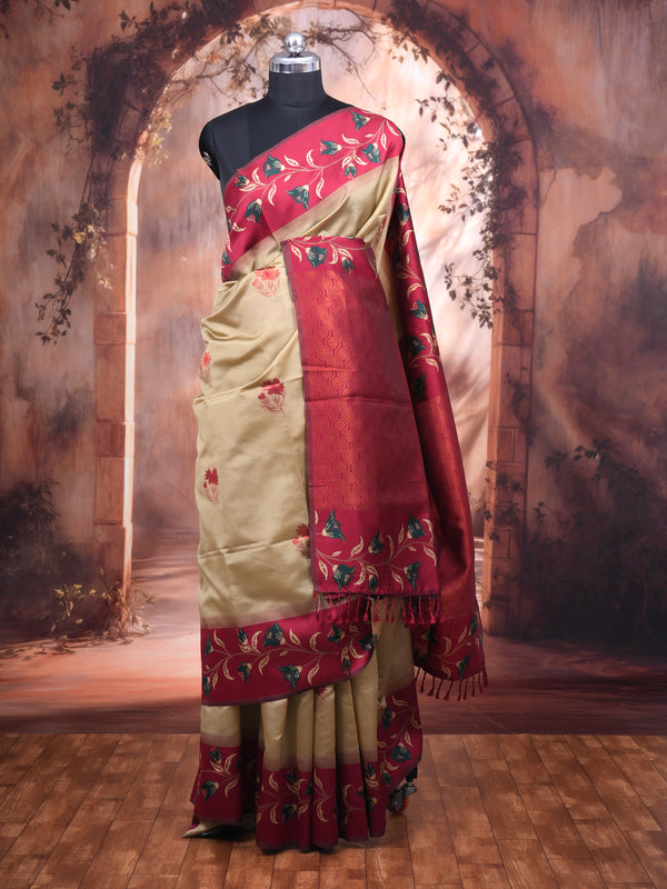 Cream Gold Semi Silk Saree
