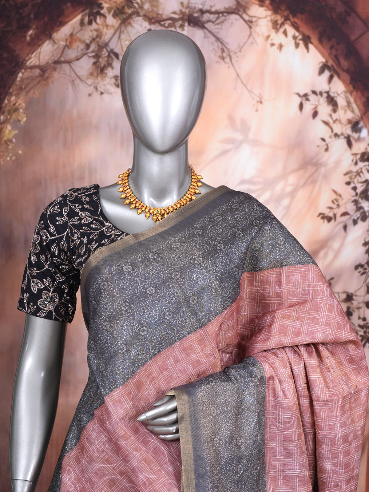 Dusty Pink with Charcoal Grey - Linen Cotton Saree
