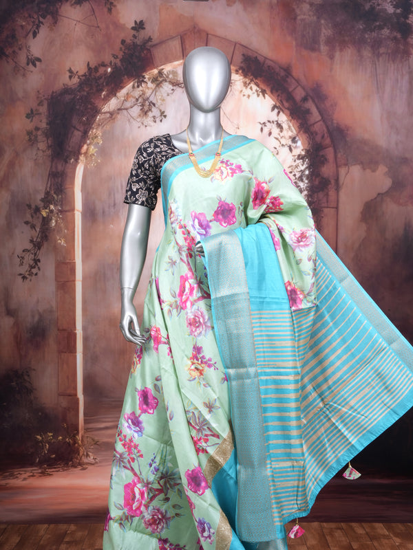Mint Green with Sky Blue - Semi Raw Silk Saree