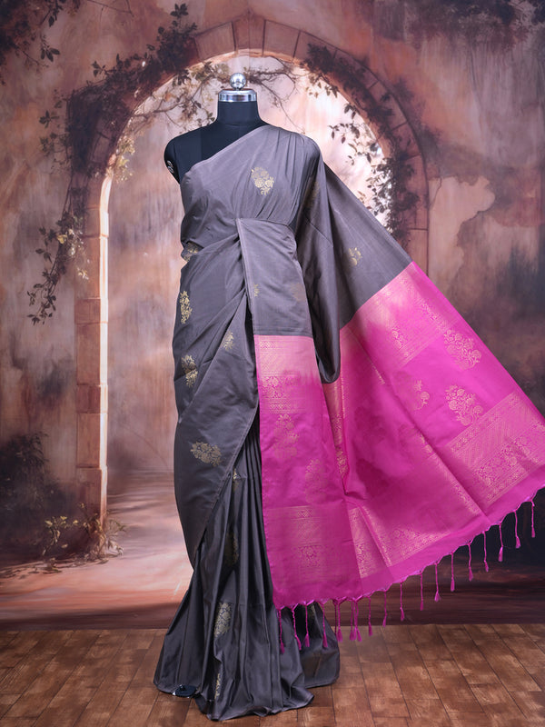 Grey Semi With Pink Silk Saree