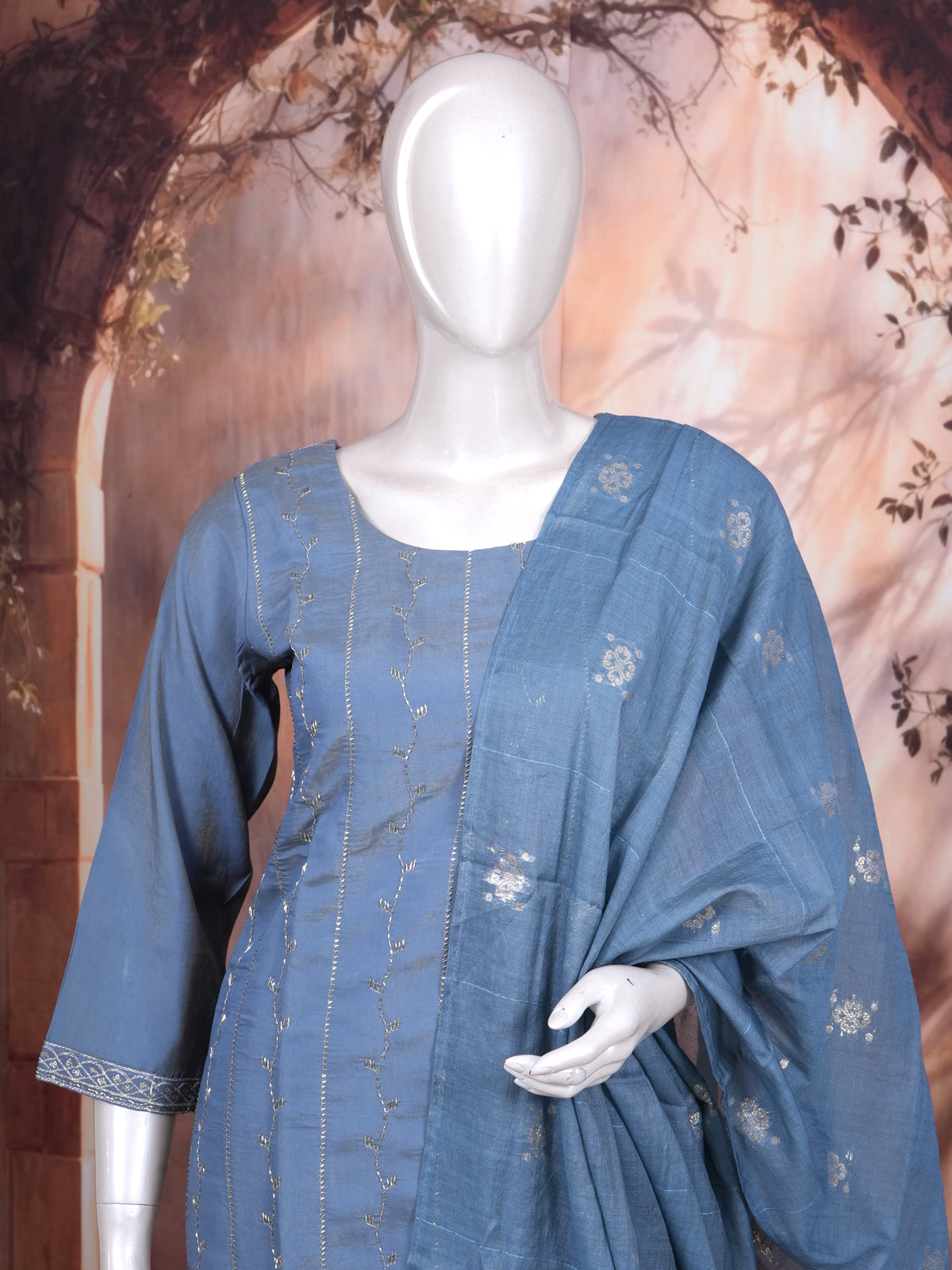 Steel Blue with zari Dupatta Ready Made Kurti Set