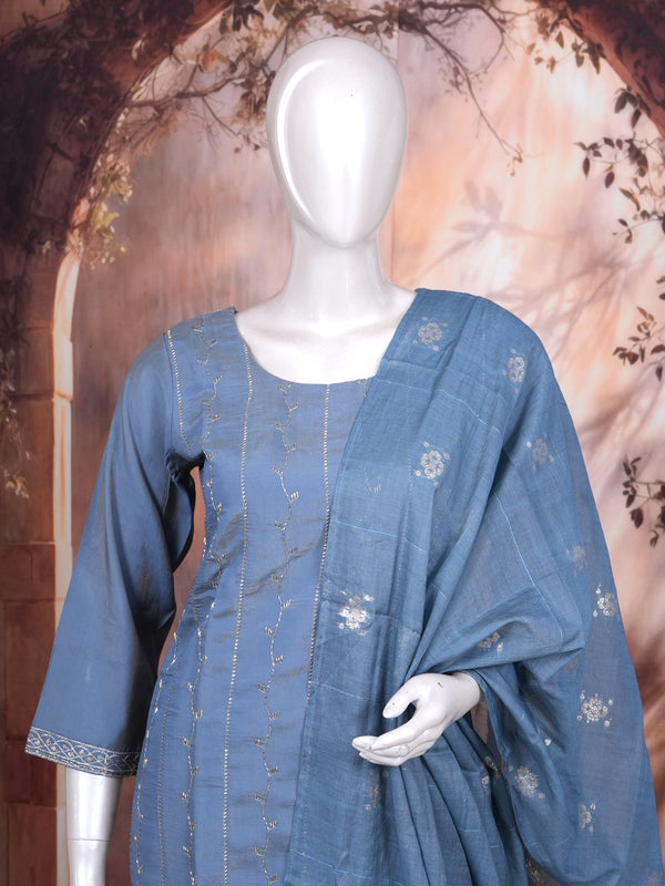 Steel Blue with zari Dupatta Ready Made Kurti Set