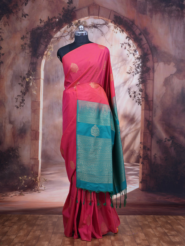 Peach-Pink With Teal Blue Semi Silk Saree