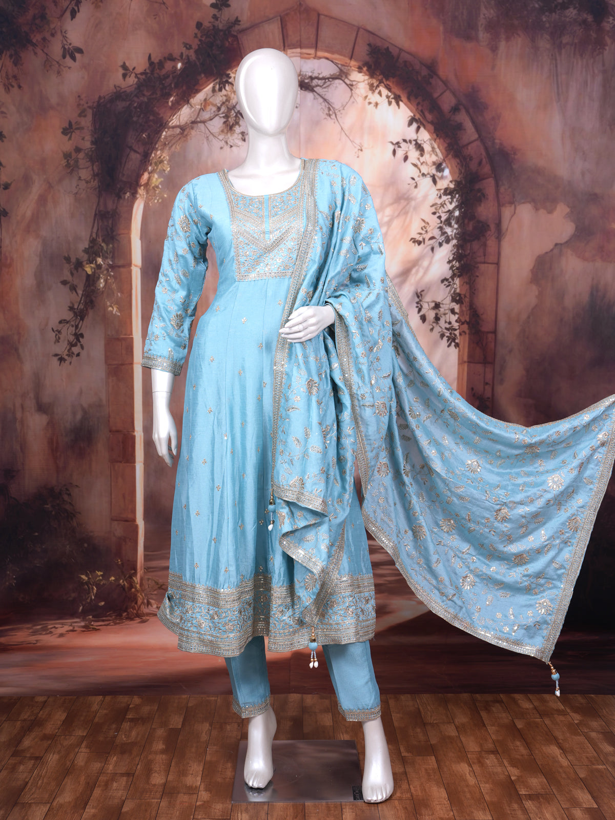 Sky Blue with Zari Dupatta Ready Made Salwar Suit