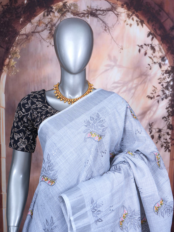 Ice Blue with Soft Silver - Linen Cotton Saree