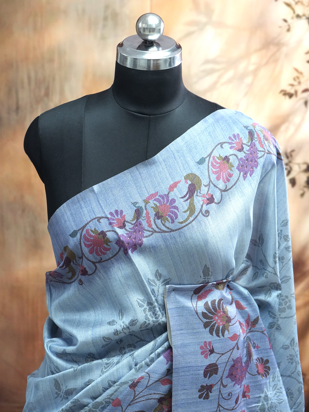Ice Blue with Multicolor Floral Pallu - Semi Tussar Saree