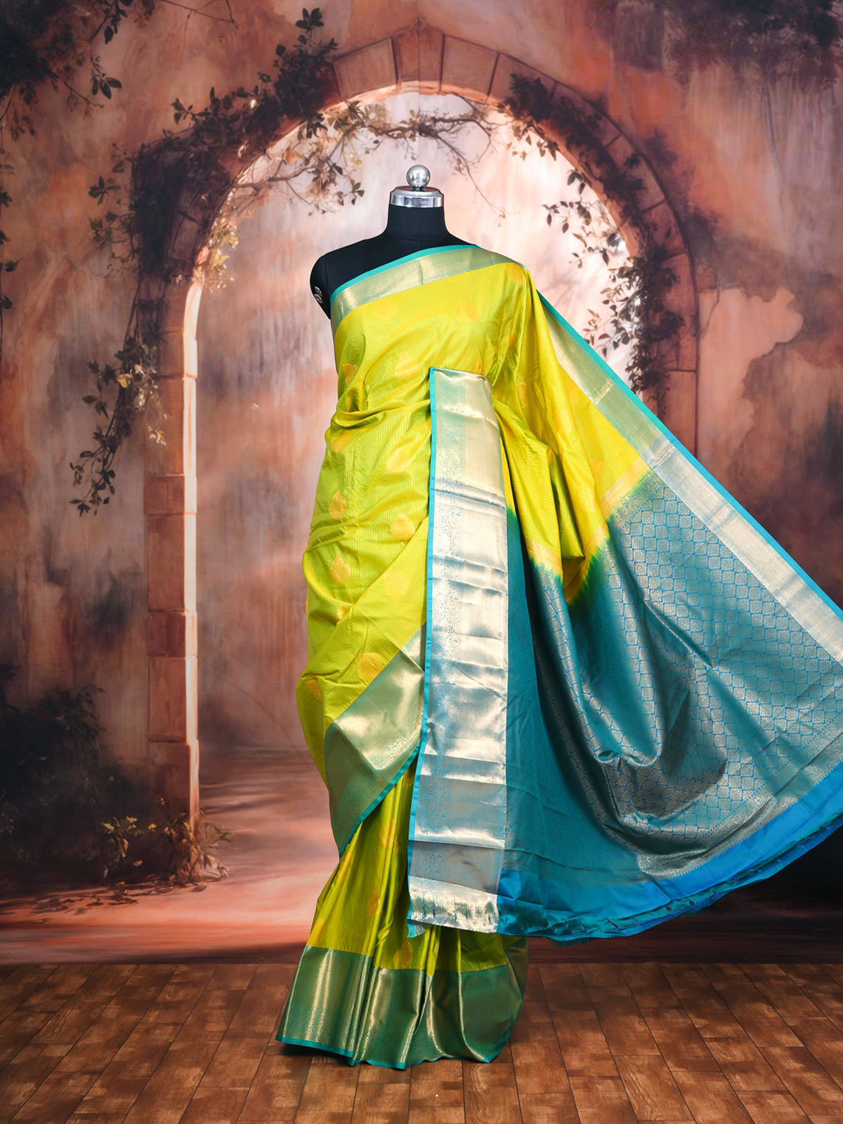 Lime Green with Teal Blue Kanchipuram Fancy Silk Saree